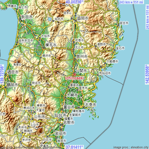 Topographic map of Ichinoseki