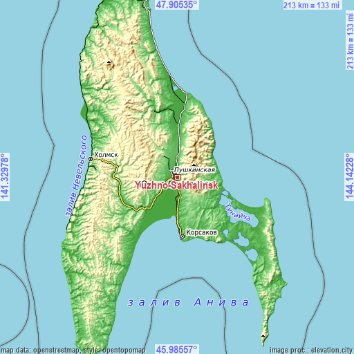 Topographic map of Yuzhno-Sakhalinsk