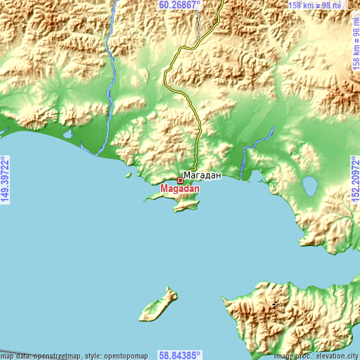 Topographic map of Magadan