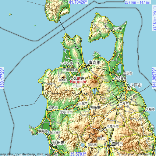 Topographic map of Kuroishi
