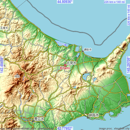 Topographic map of Kitami