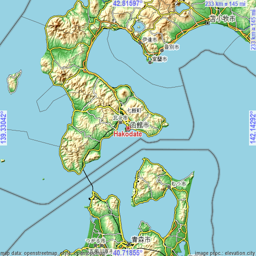 Topographic map of Hakodate