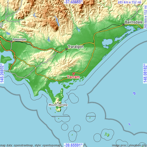 Topographic map of Yarram