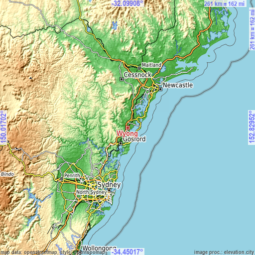 Topographic map of Wyong