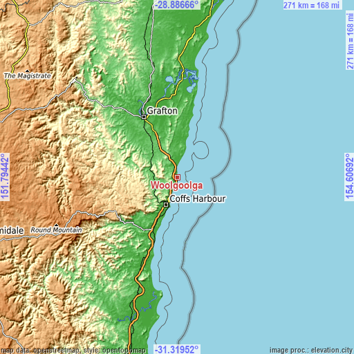 Topographic map of Woolgoolga