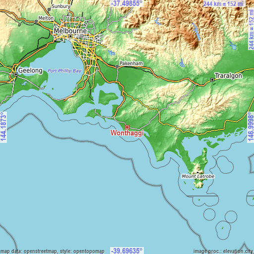 Topographic map of Wonthaggi