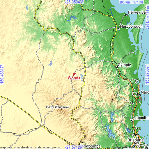 Topographic map of Wondai