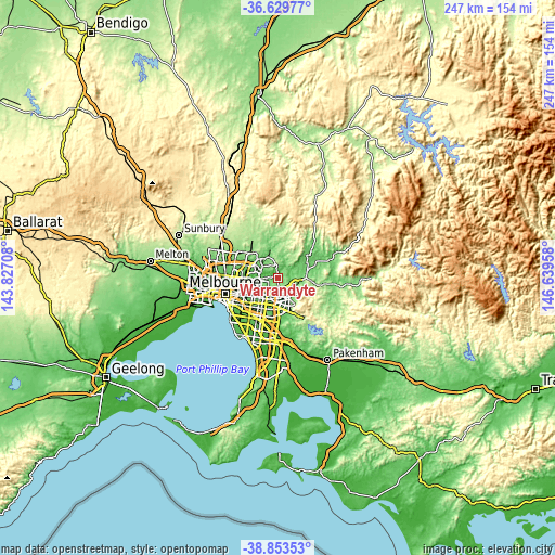 Topographic map of Warrandyte