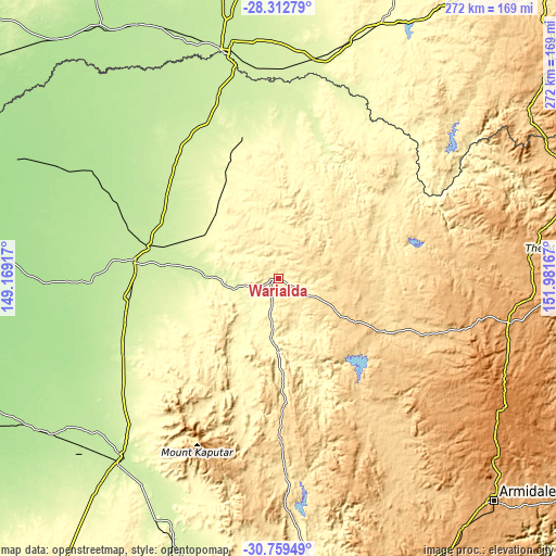 Topographic map of Warialda