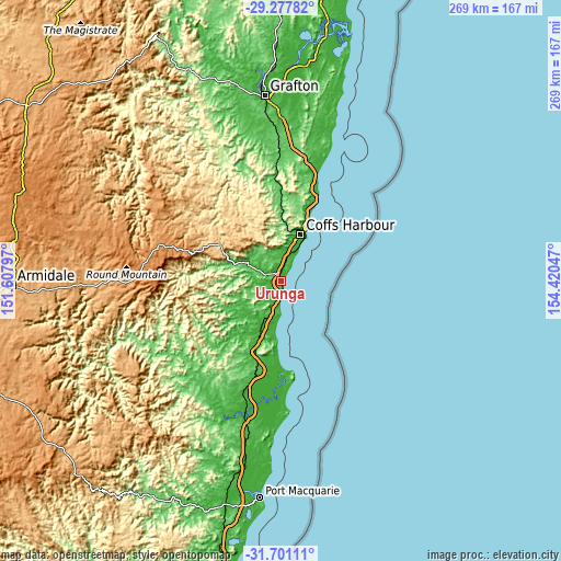 Topographic map of Urunga