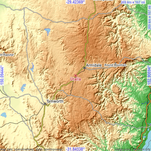 Topographic map of Uralla