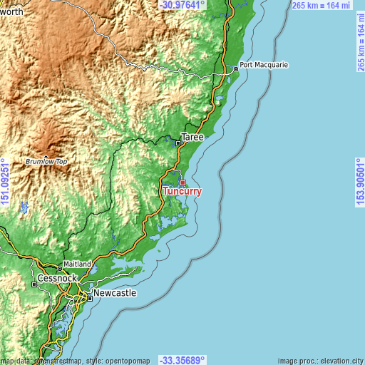 Topographic map of Tuncurry