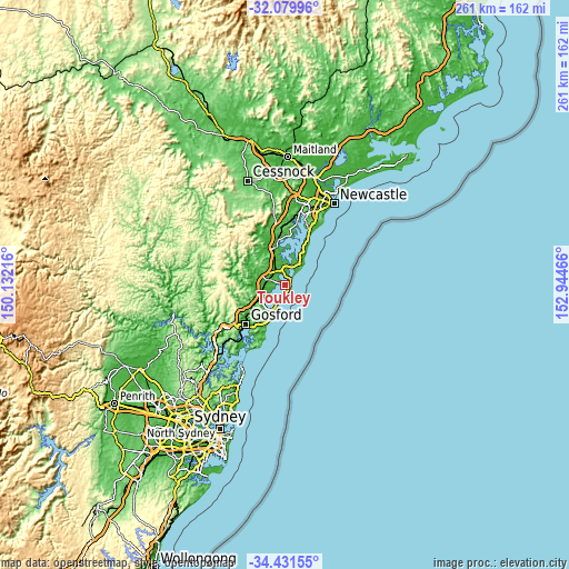 Topographic map of Toukley