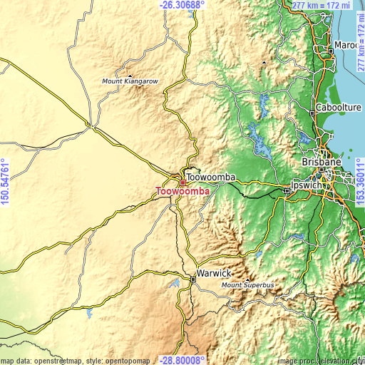 Topographic map of Toowoomba