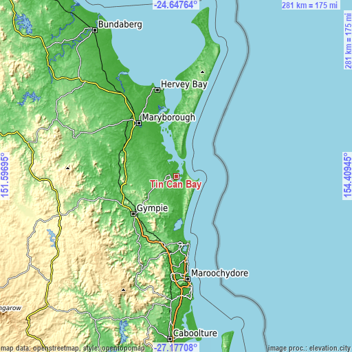 Topographic map of Tin Can Bay