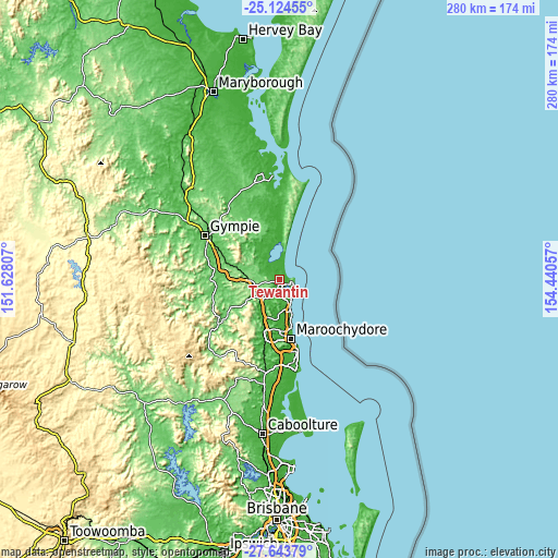 Topographic map of Tewantin