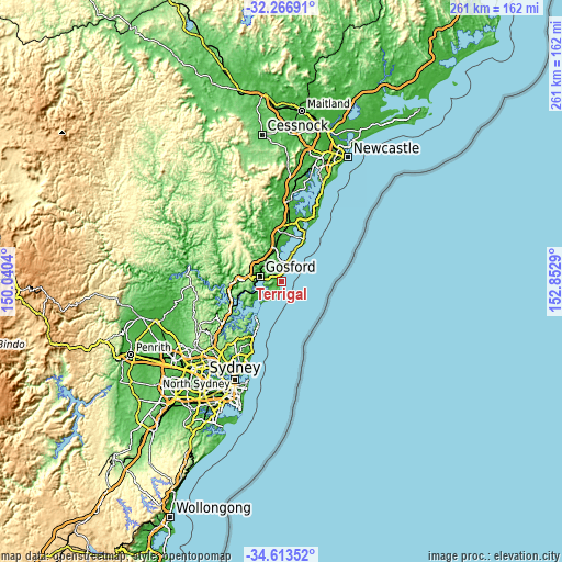 Topographic map of Terrigal