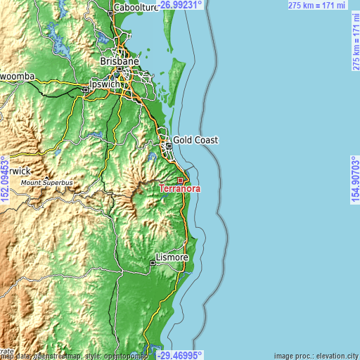 Topographic map of Terranora