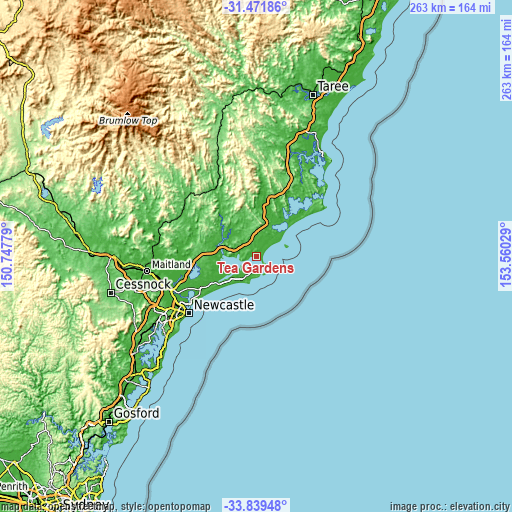 Topographic map of Tea Gardens