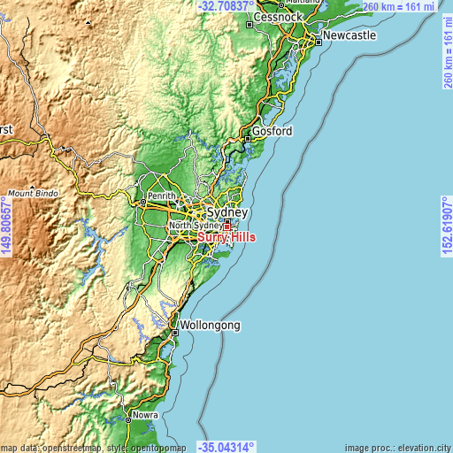 Topographic map of Surry Hills