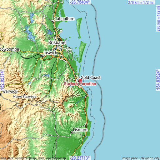 Topographic map of Surfers Paradise
