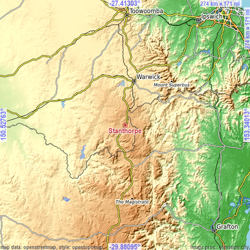 Topographic map of Stanthorpe