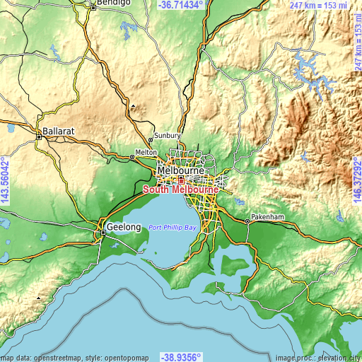 Topographic map of South Melbourne