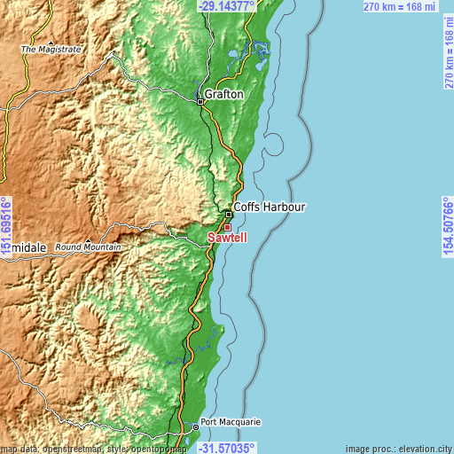 Topographic map of Sawtell