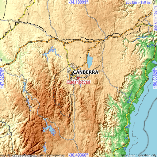 Topographic map of Queanbeyan
