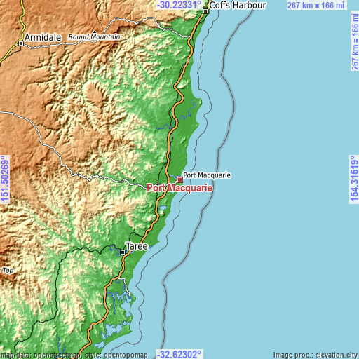 Topographic map of Port Macquarie