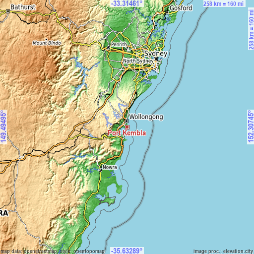 Topographic map of Port Kembla