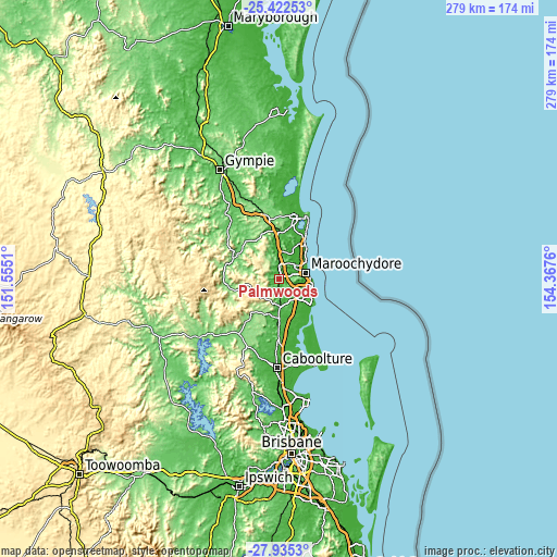Topographic map of Palmwoods