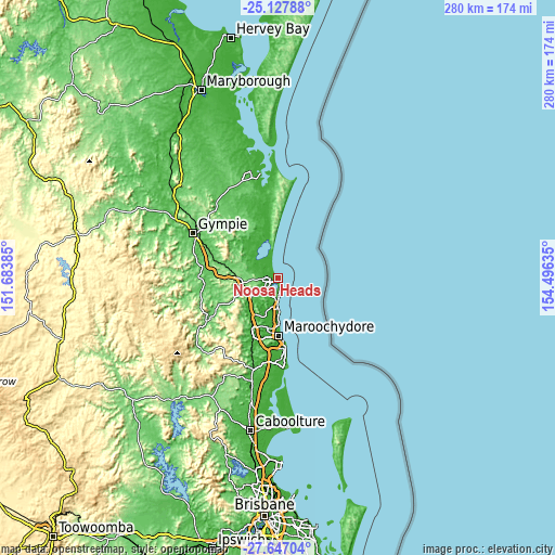 Topographic map of Noosa Heads