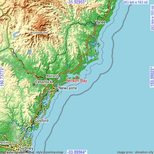 Topographic map of Nelson Bay