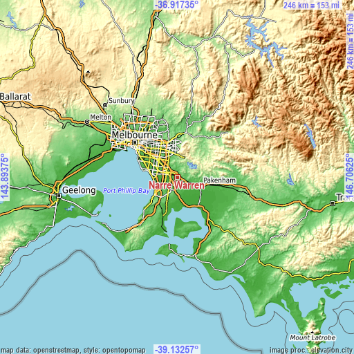 Topographic map of Narre Warren