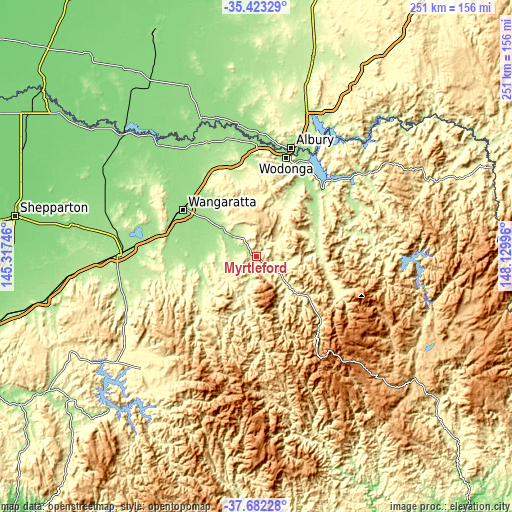 Topographic map of Myrtleford