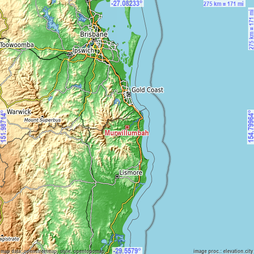 Topographic map of Murwillumbah