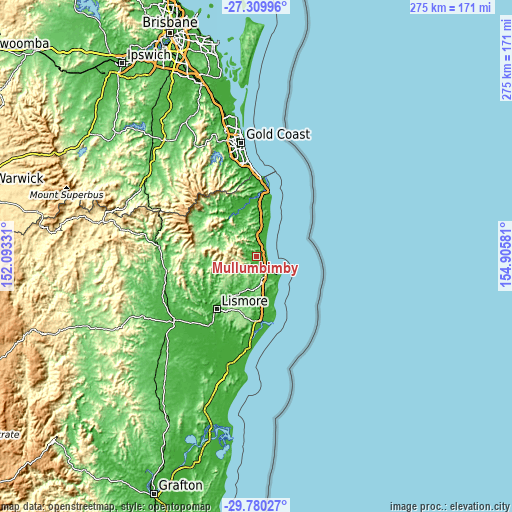 Topographic map of Mullumbimby