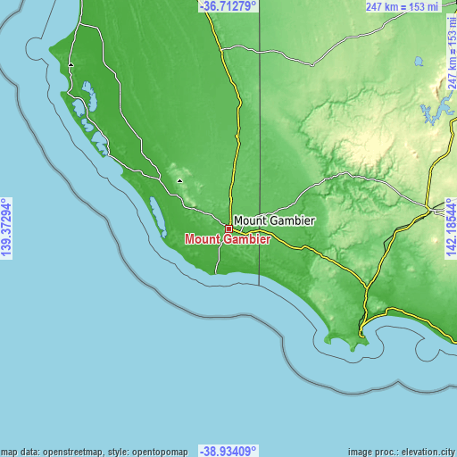 Topographic map of Mount Gambier