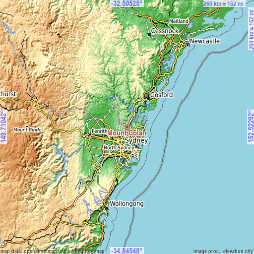 Topographic map of Mount Colah