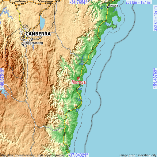 Topographic map of Moruya