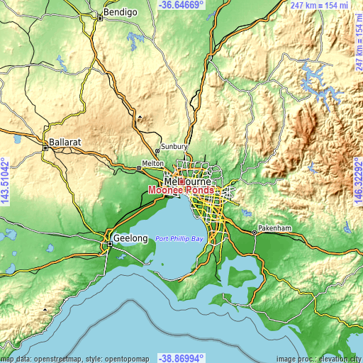 Topographic map of Moonee Ponds