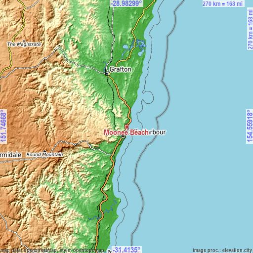 Topographic map of Moonee Beach