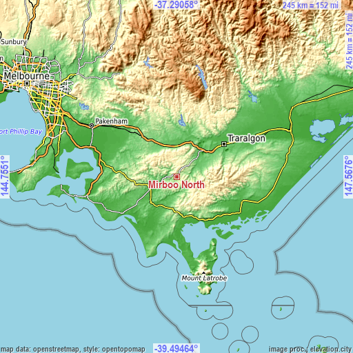 Topographic map of Mirboo North