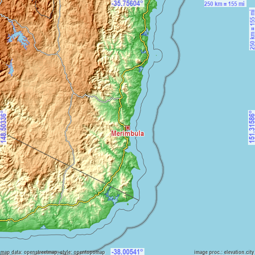 Topographic map of Merimbula