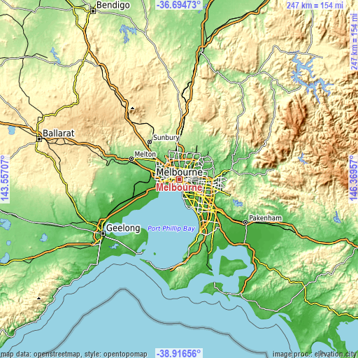Topographic map of Melbourne