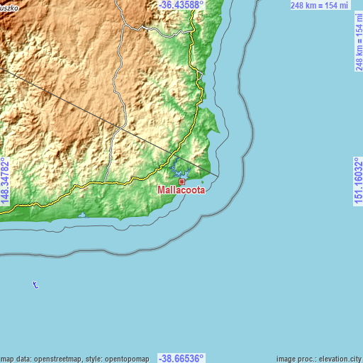 Topographic map of Mallacoota