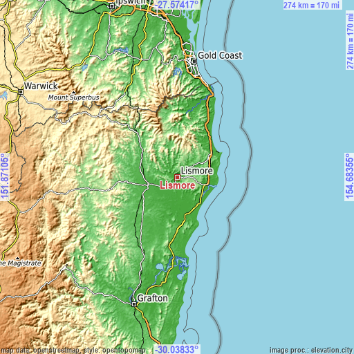 Topographic map of Lismore