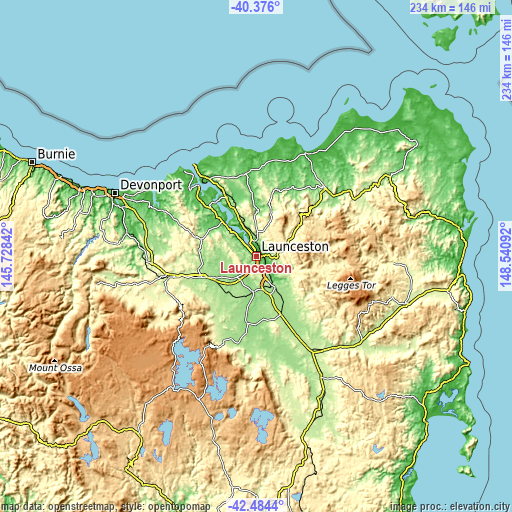 Topographic map of Launceston