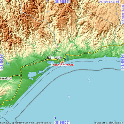 Topographic map of Lakes Entrance